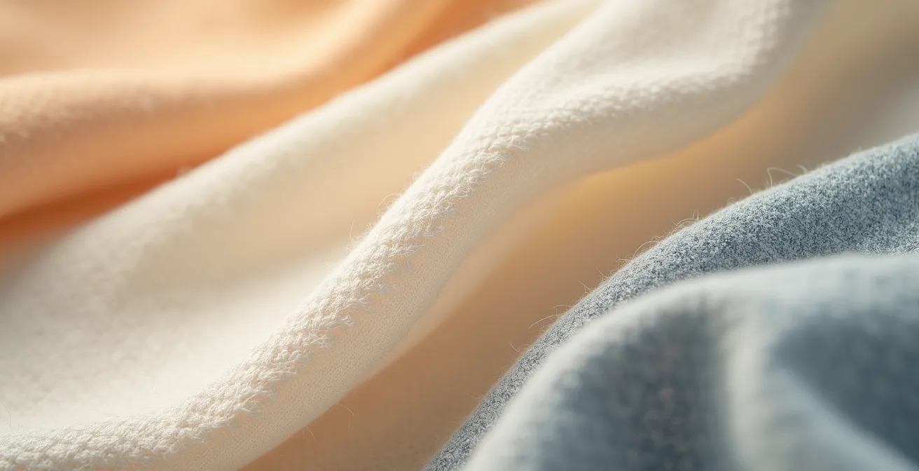 Detalle macro de tejidos orgánicos mostrando fibras naturales de algodón y lino