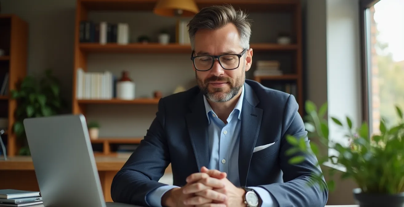 Profesional español trabajando desde casa con vestimenta completa business casual