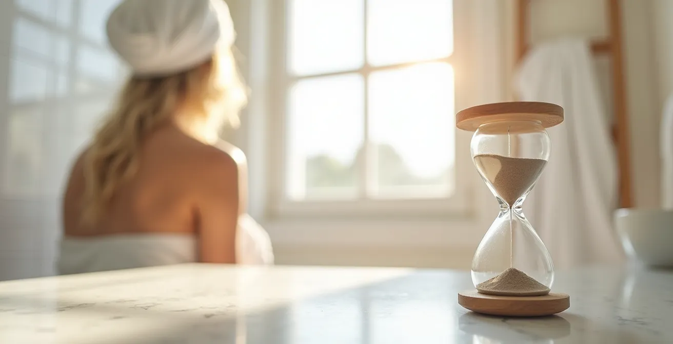 Reloj de arena midiendo el tiempo óptimo de aplicación de mascarilla capilar