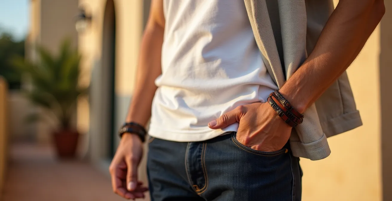 Composición minimalista de tres accesorios masculinos premium españoles