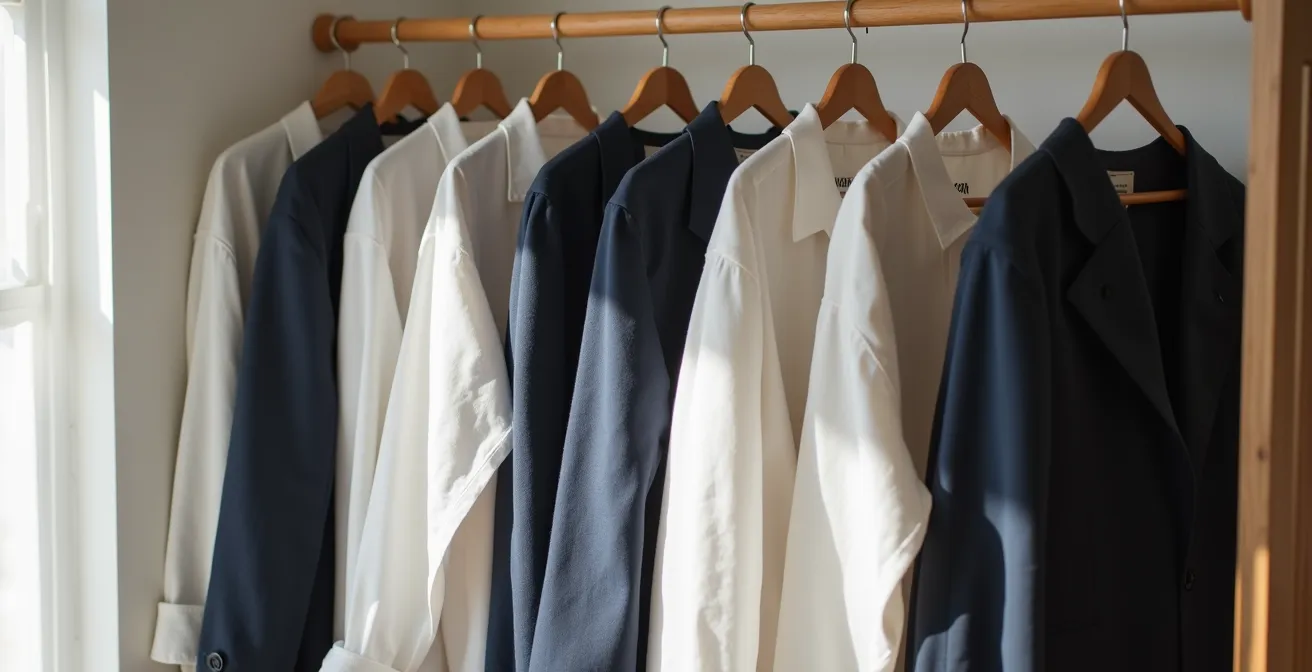 Armario minimalista con piezas de vestuario ejecutivo repetidas en tonos neutros