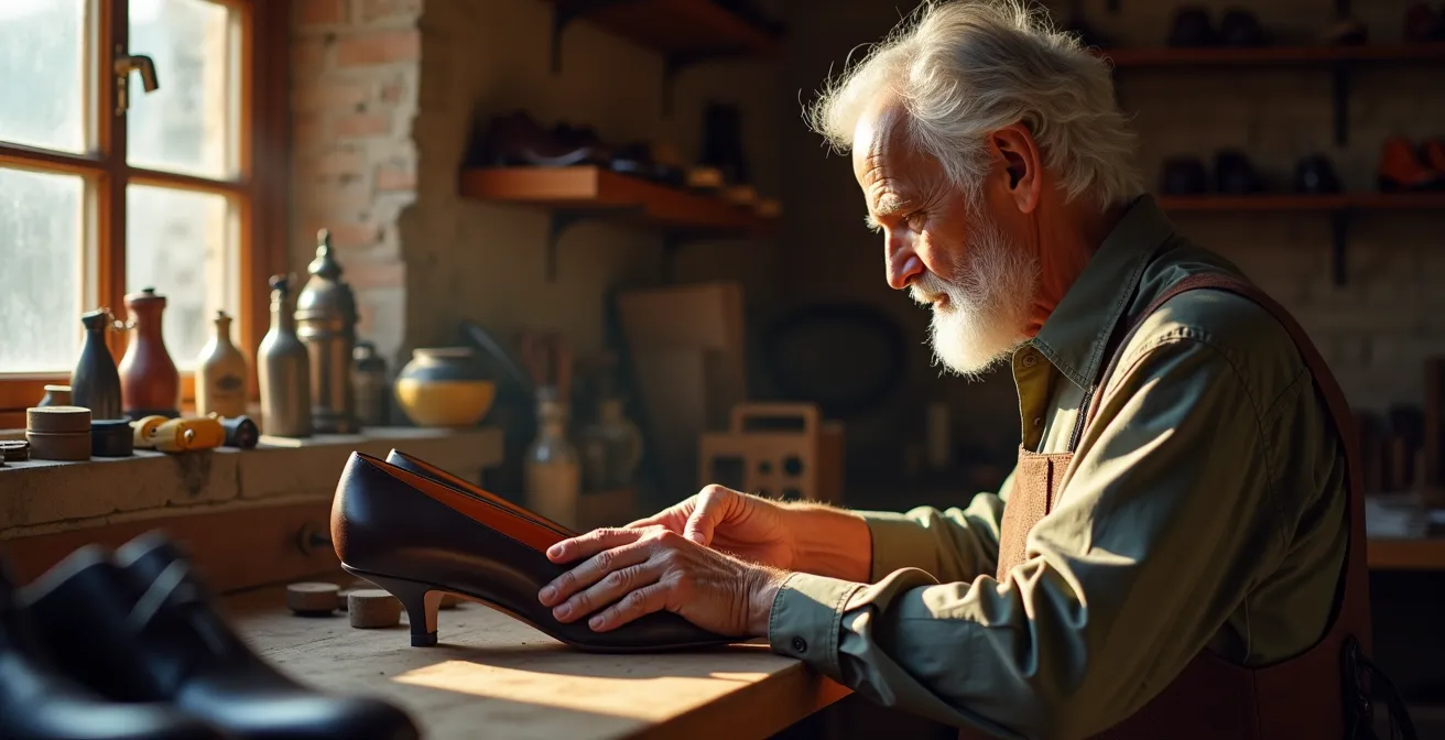 Zapatero profesional español trabajando con una horma de máquina para ensanchar unos zapatos de tacón de piel