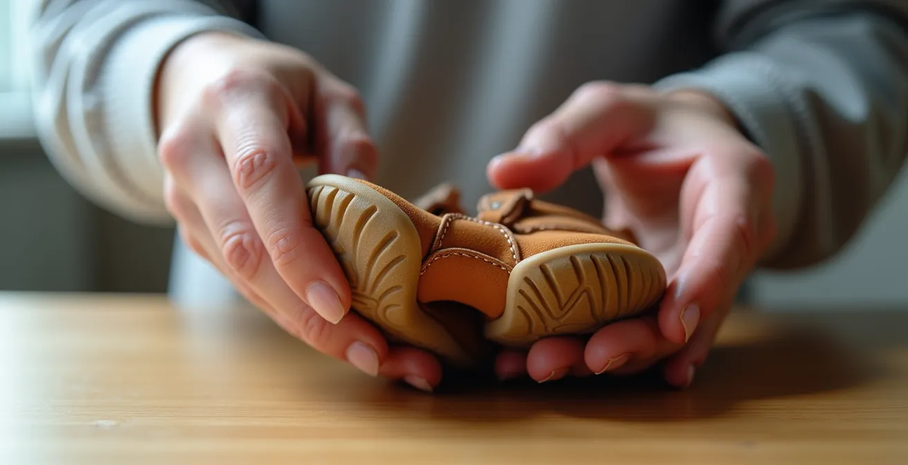 Una persona demostrando con las manos la completa flexibilidad de un zapato infantil de suela blanda.